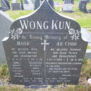 WONG KUN Ah Choo 1925-1996 &amp; Rose 1927-1985