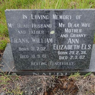 NAUDE Frank William 1932-1981 &amp; Ann Elizabeth ELS 1936-2002