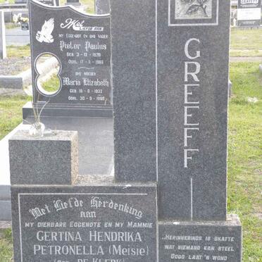GREEFF Gertina Hendrika Petronella nee DE KLERK 1939-1964