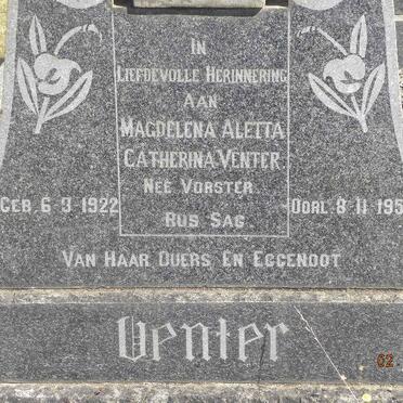 VENTER Magdelena Aletta Catherina nee VORSTER 1922-1956