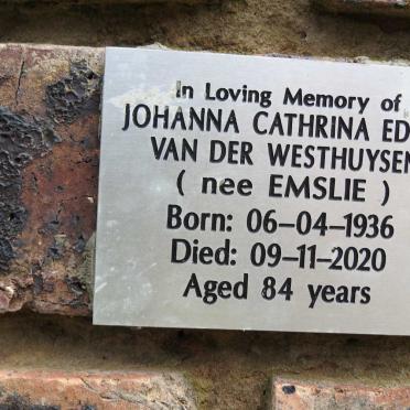 WESTHUYSEN Johanna Cathrina Edith, van der nee EMSLIE 1936-2020