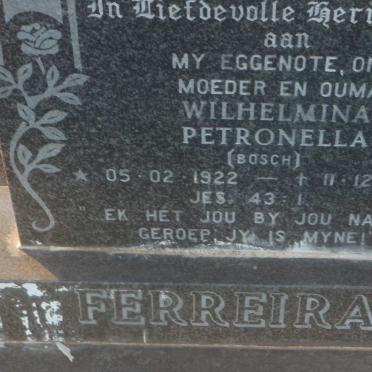 FERREIRA Wilhelmina Petronella nee BOSCH 1922-1986