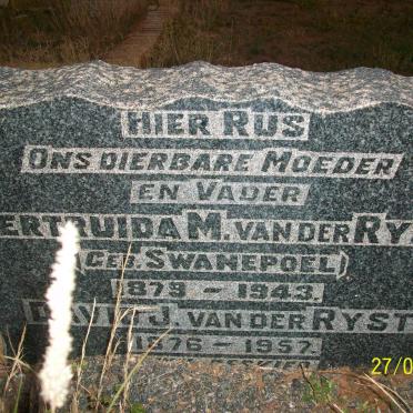 RYST David J., van der 1876-1957 &amp; Gertruida M. SWANEPOEL 1879-1943