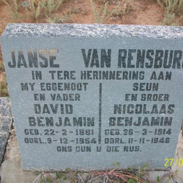 RENSBURG David Benjamin, Janse van 1881-1954 :: JANSE VAN RENSBURG Nicolaas Benjamin 1914-1946