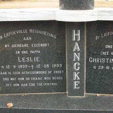 HANCKE Leslie 1939-1993 &amp; Christina Francina VAN DER MERWE 1954-