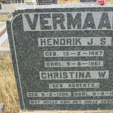 VERMAAK Hendrik J.S. 1887-1961 &amp; Christina W. ROBERTS 1906-1961