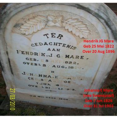 MARE Hendrik J.G. 1822-1896 &amp; Johanna E. SWANEPOEL 1826-1903