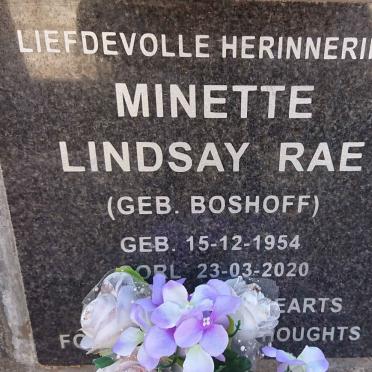 RAE Minette Lindsay nee BOSHOFF 1954-2020