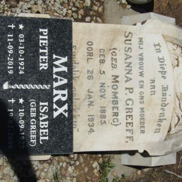 GREEFF Susanna P. nee MOMBERG 1885-1934 :: MARX Pieter 1924-2019 &amp; Isabel GREEF 1927-2006