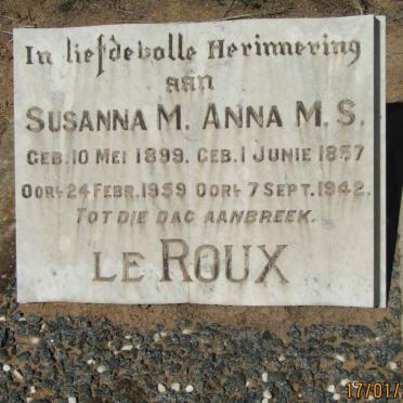 ROUX  Anna M.S., le 1857-1942 :: LE ROUX Susanna M. 1899-1959