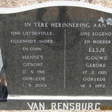 RENSBURG Hannes, van 1918-2001 &amp; Elsje GOUWS 1921-1972
