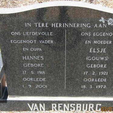 RENSBURG Hannes, van 1918-2001 &amp; Elsje GOUWS 1921-1972