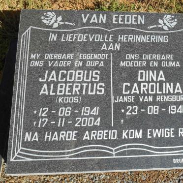 EEDEN Jacobus Albertus, van 1941-2004 &amp; Dina Carolina JANSE VAN RENSBURG 1941-