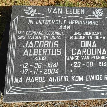 EEDEN Jacobus Albertus, van 1941-2004 &amp; Dina Carolina JANSE VAN RENSBURG 1941-