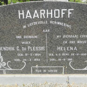 HAARHOFF Hendrik C. Du Plessis 1894-1993 &amp; Helena V.D. BERG 1893-1981