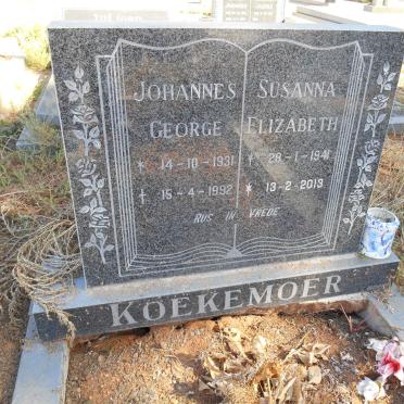 KOEKEMOER Johannes George 1931-1992 &amp; Susanna Elizabeth 1941-2013