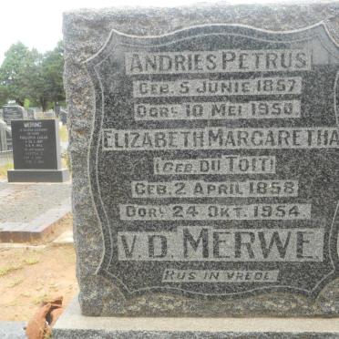 MERWE Andries Petrus, v.d. 1857-1950 &amp; Elizabeth Margaretha DU TOIT 1858-1954