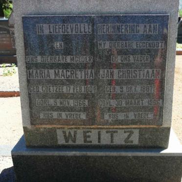 WEITZ Jan Christiaan 1887-1966 &amp; Maria Magretha COETZEE 1884-1966