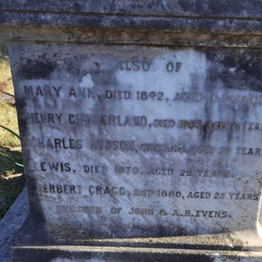EVANS Mary Ann -1842 :: EVANS Henry Cumberland -1853 :: EVENS Charles Hudson -1876 :: EVANS Lewis -1879 :: EVANS Herbert Cragg -1880