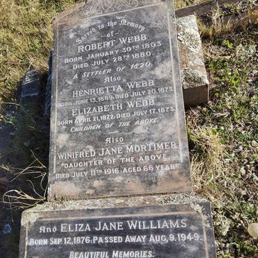 WEBB Robert 1803-1880 :: WEBB Henrietta 1869-1873 :: WEBB Elizabeth 1872-1873 :: MORTIMER Winifred Jane nee WEBB -1916 :: WILLIAMS Eliza Jane 1876-1949