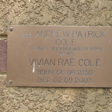 COLE Andrew Patrick  1923-1975 &amp; Vivian Rae 1930-2003