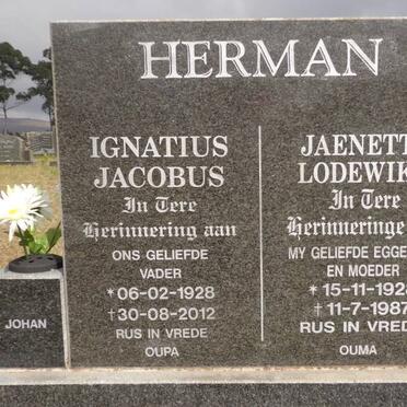 HERMAN Ignatius Jacobus 1928-2012 &amp; Jeanetta Lodewika 1928-1987