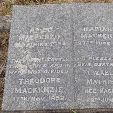 MACKENZIE Alice -1935 :: MACENZIE Mariane -1935 :: MACKENZIE Theodore -1952 :: MATHIESON Elizabeth B. nee MACKENZIE -1963