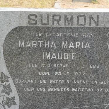 SURMON Martha Maria nee V.D. MERWE 1888-1977