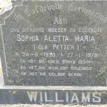 WILLIAMS Sophia Aletta Maria nee PETZER 1920-1978