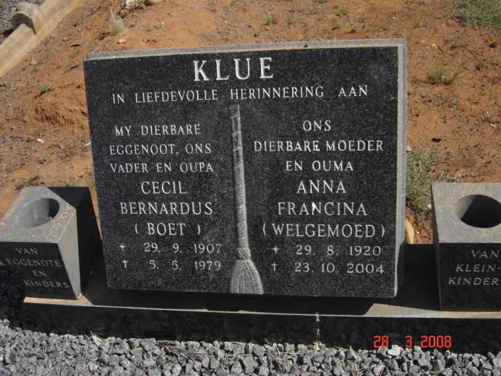 KLUE Cecil Bernardus 1907-1979 &amp; Anna Francina WELGEMOED 1920-2004