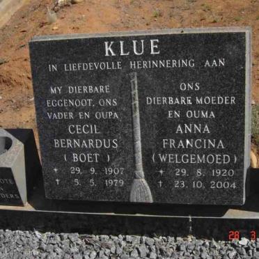 KLUE Cecil Bernardus 1907-1979 &amp; Anna Francina WELGEMOED 1920-2004