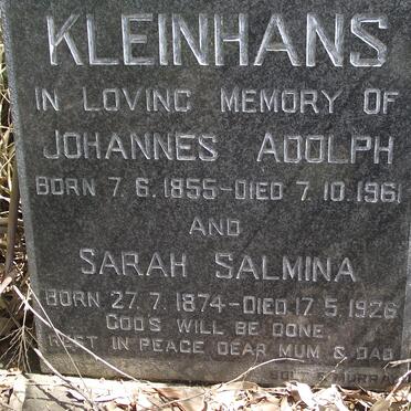 KLEINHANS Johannes Adolph 1855-1961 &amp; Sarah Salmina 1874-1926