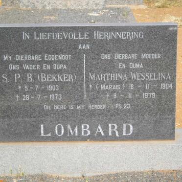 LOMBARD S.P.B. 1903-1973 &amp; Marthina Wesselina  MARAIS 1904-1979