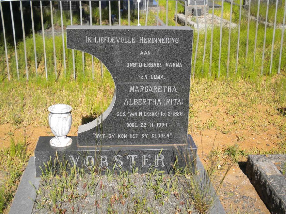 VORSTER Margaretha Albertha nee VAN NIEKERK 1926-1994