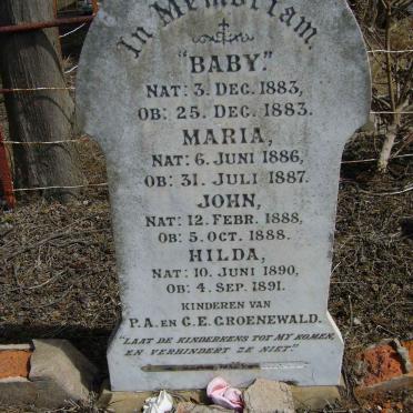 GROENEWALD Baby 1883-1883 :: GROENEWALD Maria 1886-1887 :: GROENEWALD John 1888-1888 :: GROENEWALD Hilda 1890-1891