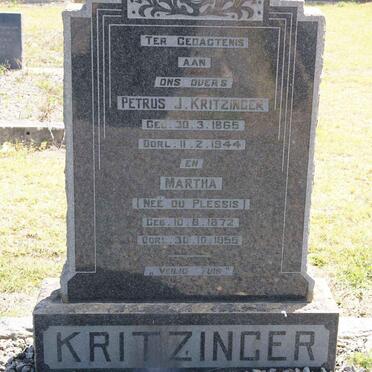 KRITZINGER Petrus J. 1865-1944 &amp; Martha DU PLESSIS 1872-1955
