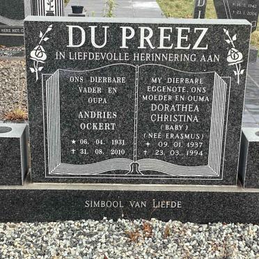 PREEZ Andries Ockert, du 1931-2010 &amp; Dorathea Christina ERASMUS 1937-1994