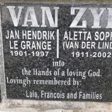 ZYL Jan Hendrik Le Grange, van 1901-1997 &amp; Aletta Sophia VAN DER LINDE 1911-2002