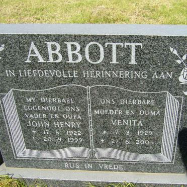 ABBOTT John Henry 1922-1999 &amp; Venita 1929-2005