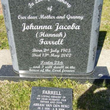 FARRELL Abram van den Berg 1936-2004 &amp; Johanna Jacoba 1905-2002