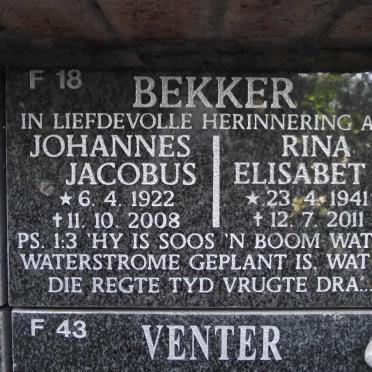 BEKKER Johannes Jacobus 1922-2008 &amp; Rina Elisabet 1941-2011