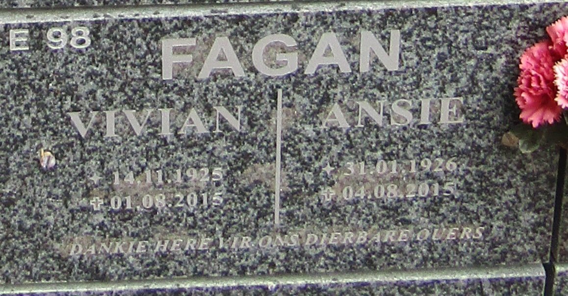 FAGAN Vivian 1925-2015 &amp; Ansie 1926-2015