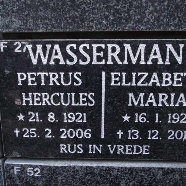 WASSERMAN Petrus Hercules 1921-2006 &amp; Elizabeth Maria 1922-2010