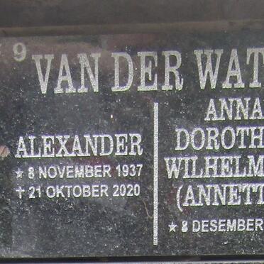 WATT Alexander, van der 1937-2020 &amp; Anna Dorothea Wilhelmina 1938-
