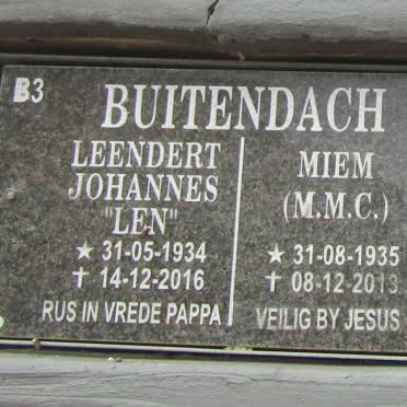 BUITENDACH Leendert Johannes 1934-2016 &amp; M.M.C. 1935-2013