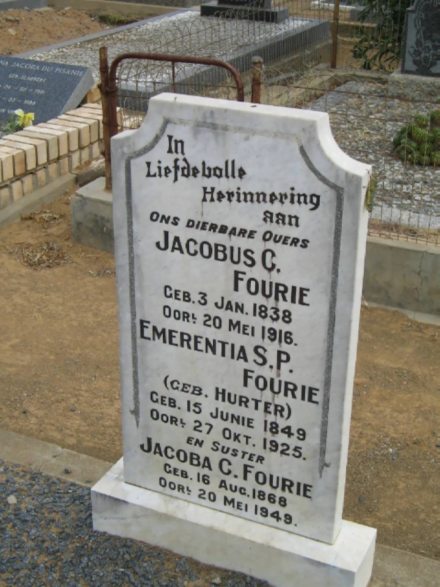 FOURIE Jacobus C. 1838-1916 &amp; Emerentia S.P. HURTER 1849-1925 :: FOURIE Jacoba C. 1868-1949
