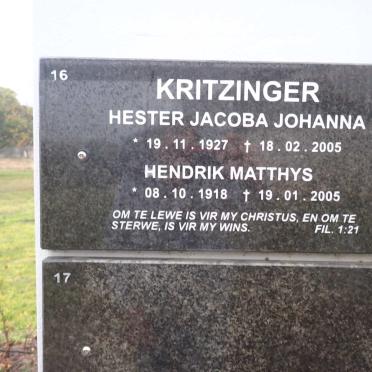 KRITZINGER Hendrik Matthys 1918-2005 & Hester Jacoba Johanna 1927-2005