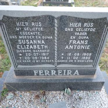 FERREIRA Frans Antonie 1909-1995 & Susanna Elizabeth nee BARNARD 1917-1984