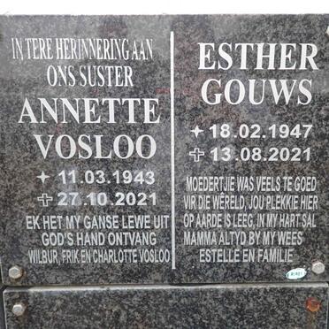 VOSLOO Annette 1943-2021 :: GOUWS Esther 1947-2021