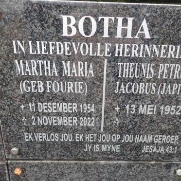 BOTHA Theunis Petrus Jacobus 1952- &amp; Martha Maria FOURIE 1954-2022